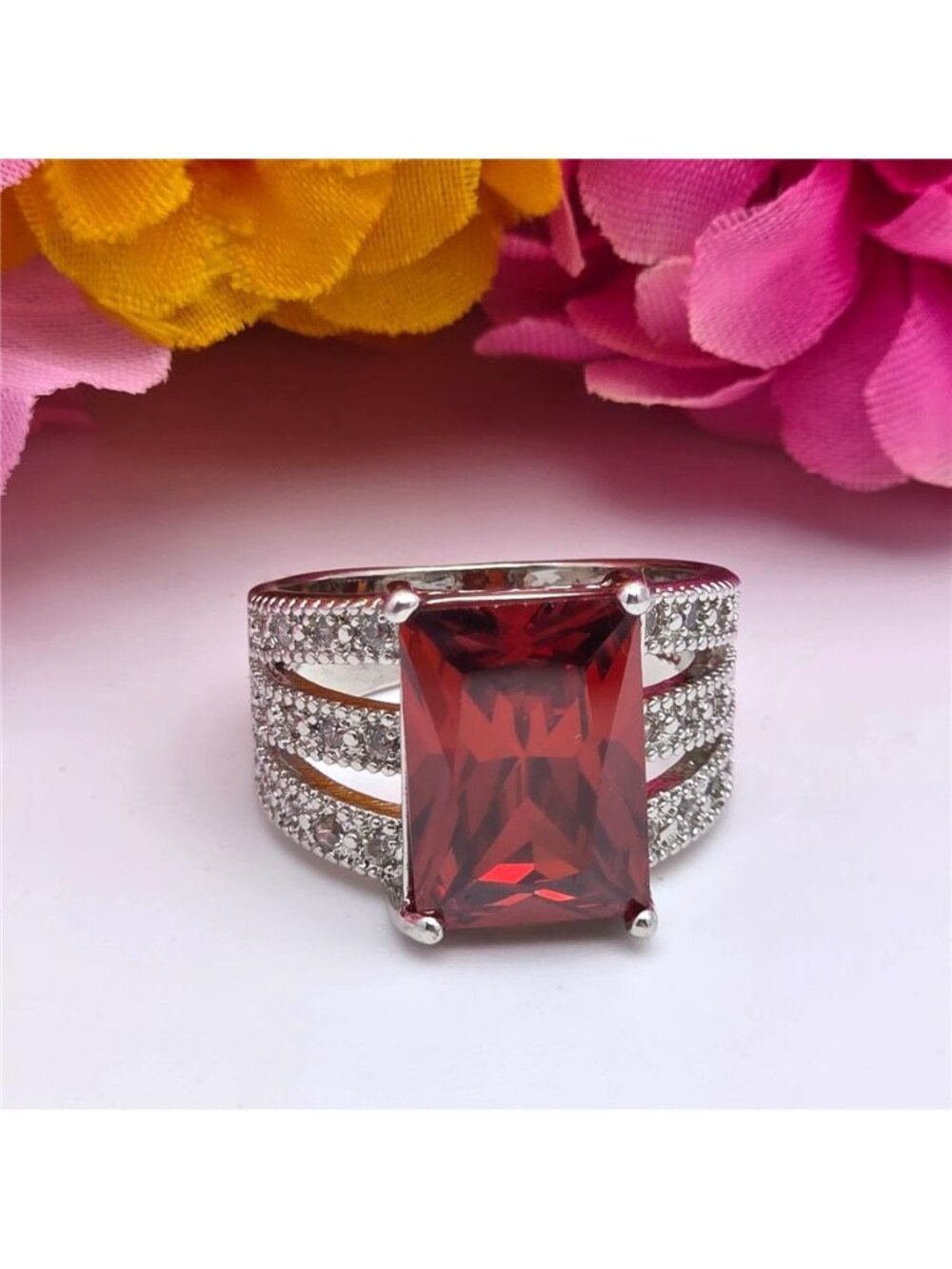 925 Sterling Silver Red CZ Cocktail Ring Pave Band Statement Size 8